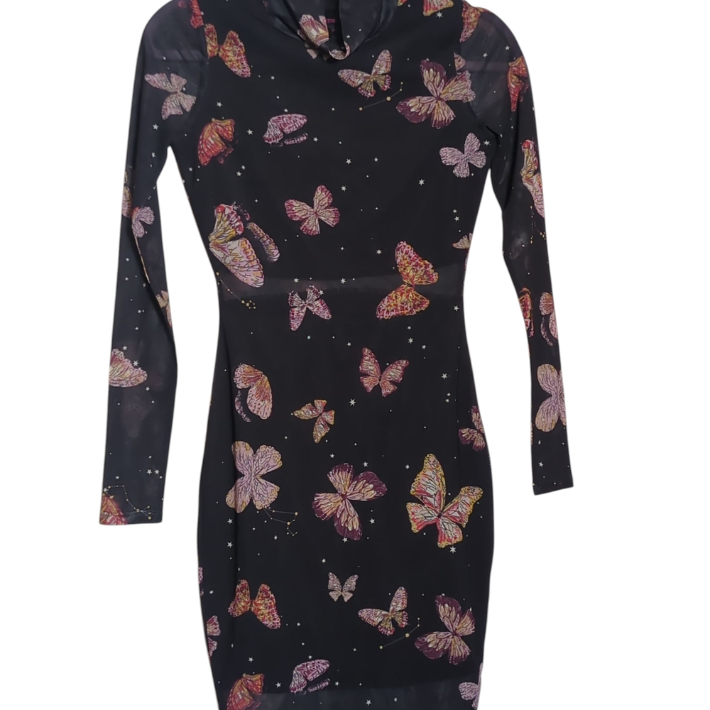 Material Girl Black Dress with Pink and Purple Butterfly Pattern
